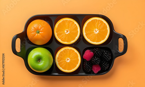 Fresh Fruit Arrangement: Orange, Apple, Raspberries, Blackberries, on Orange Background