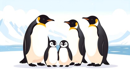 Fototapeta premium A family of emperor penguins stands proudly on an icy landscape, showcasing their elegant black and white plumage.