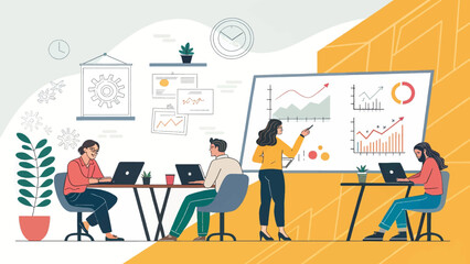 Business team collaborating in a modern office, analyzing data and strategizing for success. Ideal for concepts of teamwork, finance, and productivity.