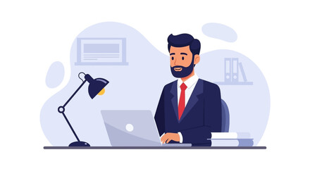 A professional businessman works diligently on a laptop at his desk in a modern office setting, representing productivity and corporate success.