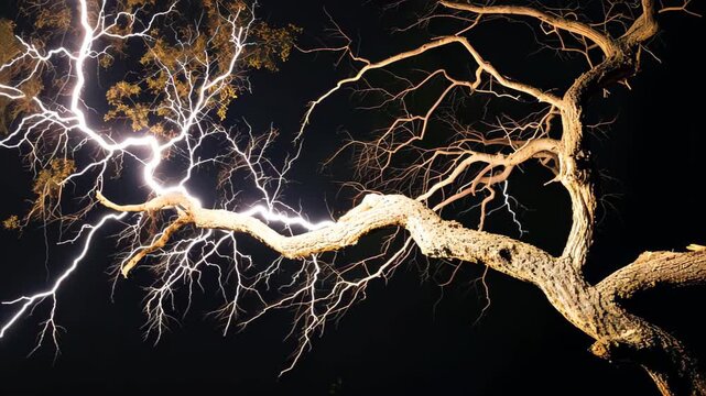 Lightning Strike on Tree: A dramatic, low-angle shot captures a powerful lightning bolt striking a gnarled tree at night, illuminating the branches in a surreal, electrifying display.