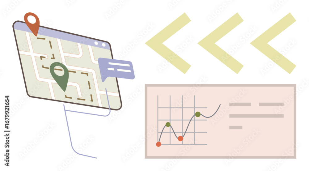 Poster interactive map with location pins, message bubble, trend graph, and arrows. ideal for navigation, a