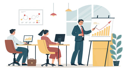 Business team collaborating in an office presentation, analyzing financial growth and strategizing for success. Ideal for corporate, finance, and professional development themes.