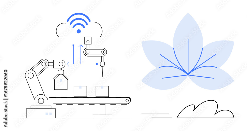 Poster robotic arm automating production line, connected to cloud-based system, symbolizes efficiency. idea