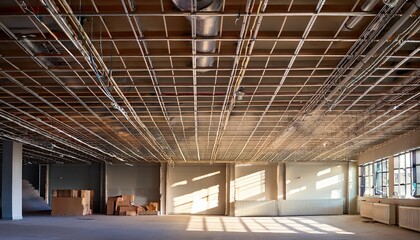 an unfinished retail space shows a ceiling grid with exposed electrical wiring and ductwork partially covered with drywall suggesting construction in progress sunlight illuminates the empty room