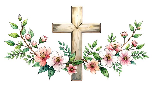 A wooden cross is adorned with delicate spring flowers, creating a peaceful and serene design.