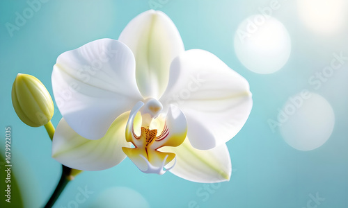 Elegant white orchid blossom with bud on soft turquoise background. Macro.