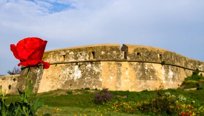 Poppy at Fort in Portugal, historical and travel destination for europeans