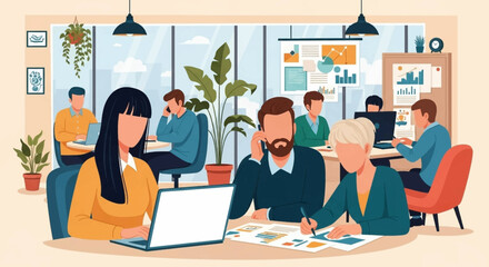 Professionals actively working in a modern, vibrant office space, collaborating and focusing on business tasks with laptops and documents. Depicts teamwork and productivity.