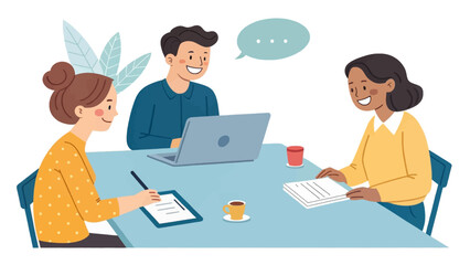 Diverse business team collaborating in a cheerful office meeting, using technology and documents for efficient teamwork and communication.