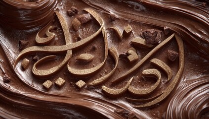 Gold Arabic script embossed on dark chocolate