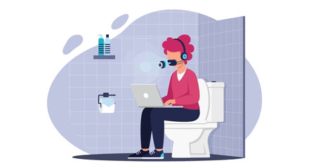 Person multitasking, working remotely on a laptop with a headset and VR glasses while sitting on a toilet. Depicts modern work-life balance challenges.