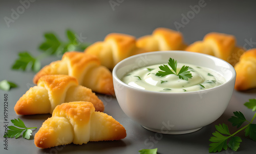 Delicious Mini Croissants with Creamy Herb Dip on a Dark Background