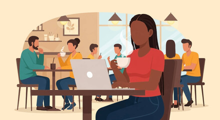 An African American woman works remotely on her laptop in a lively cafe, enjoying coffee. Ideal for concepts of productivity, freelance work, and modern lifestyle.