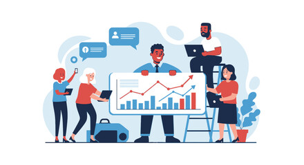 Diverse business team collaborating on data analysis, presenting growth charts, and achieving success. Ideal for business, finance, and corporate communication.