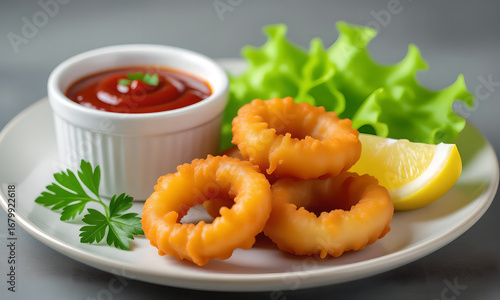 Crispy Fried Onion Rings Served with Ketchup, Lemon, and Salad