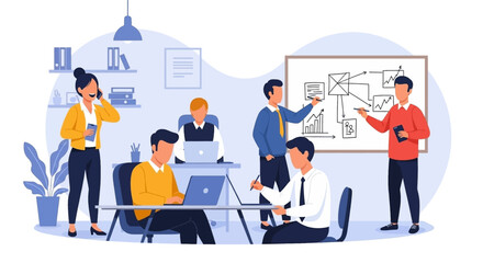 Professionals collaborate in a modern office, discussing strategy, analyzing data, and communicating. Represents teamwork, innovation, and productivity in a corporate setting.