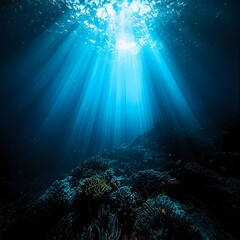 Underwater view with sunlight penetrating the sea surface, forming a gap of light that highlights the bottom which is based on coral/algae