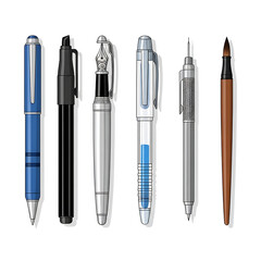 Fototapeta premium Collection of six different pens and writing instruments isolated on white background
