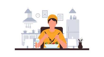 Illustration of a person enjoying a fresh, vibrant salad in a cozy home kitchen. Emphasizes healthy eating and lifestyle choices.