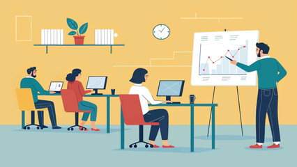 Business team collaborating in an office meeting. A presenter explains data on a whiteboard to colleagues working at computers. Ideal for business, training, and strategy concepts.