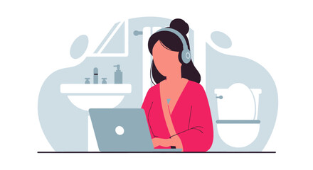 Modern woman in a bathrobe and headphones uses a laptop in a bathroom, depicting casual remote work and a flexible, home-based professional lifestyle.