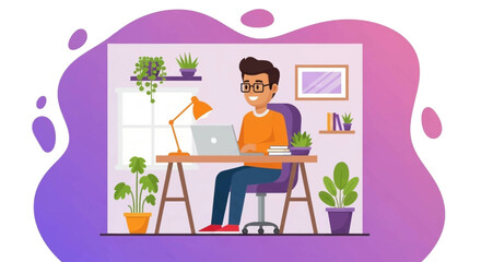 Happy man working remotely on his laptop in a cozy home office setup, surrounded by plants. Freelance, online learning, or distant work concept.