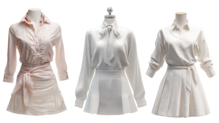Elegant Women's Fashion Collection Featuring White And Light Blouse With Flared Skirt on Transparent Background