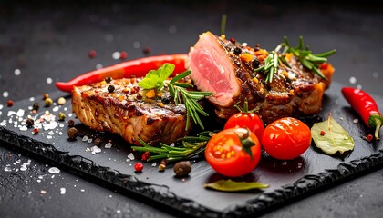 Slices of grilled steak, seasoned with herbs and spices, resting on a dark slate plate, accompanied by fresh cherry tomatoes and red chilies.  A rich, appetizing presentation of a delicious meal.