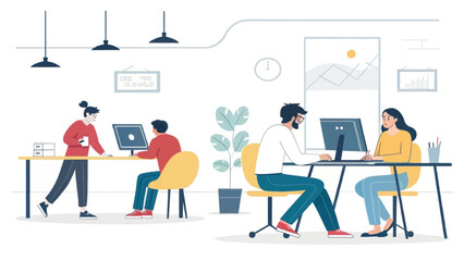 Modern office illustration with diverse professionals collaborating on computers. Represents teamwork, productivity, and a dynamic work environment for business concepts.