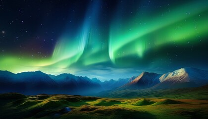 Naklejka premium a beautiful view of aurora in northern sky night over the hills green borealis over the mountains northern lights background wallpaper