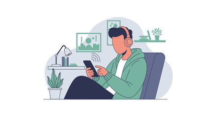 Person relaxing with headphones, using a smartphone for music or communication in a cozy home setting. Represents digital connectivity, leisure, and modern lifestyle.