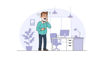 Distressed man in an office setting clutching his jaw, clearly in pain or suffering from a severe toothache. Represents stress, illness, or health concerns at work.