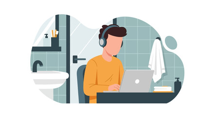 Young person in headphones working remotely on a laptop in a bathroom setting. Represents flexible work, unique workspaces, or a work-life blend.