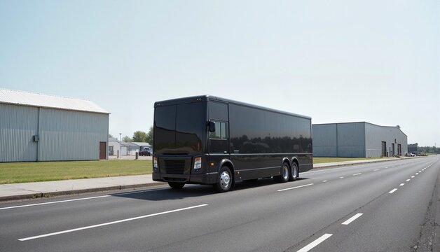 Black electric delivery truck driving on a quiet urban road with industrial buildings in the background, eco transport concept of logistics and sustainability