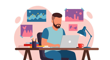 Young man working remotely on his laptop at a home office desk with books and charts, illustrating modern freelance or online education concepts.