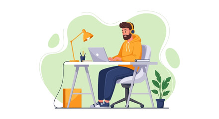 Young man working remotely on his laptop at a comfortable desk, wearing headphones for focus. Ideal for themes of productivity, online learning, and modern work-life balance.