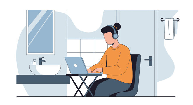 Person in headphones working remotely on a laptop in a bathroom, illustrating modern work flexibility, home office setup, and adaptability in challenging environments.