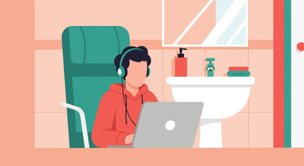 Person in headphones works on a laptop in a bathroom, illustrating remote work, flexible workspaces, or online learning from an unusual private spot.