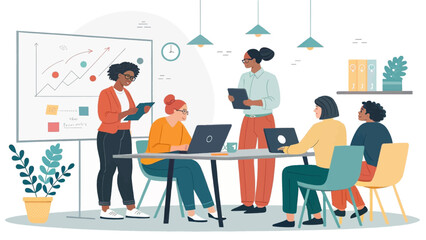 Diverse business team collaborating in a modern office. Analyzing data, discussing strategies for growth, success, and professional development. Ideal for teamwork concepts.