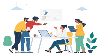 Diverse business team collaborating in an office meeting, discussing strategy and reviewing data for project development and success. Professional corporate environment.