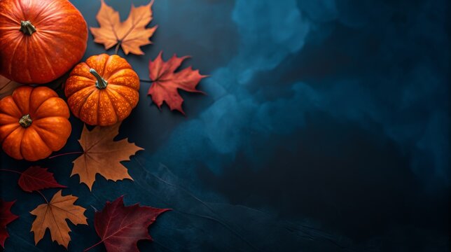 Autumn pumpkins and leaves on dark background with copy space for text
