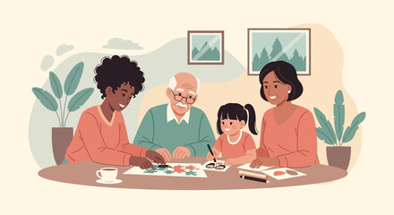 Happy multi-generational family enjoying quality time together at home, doing puzzles and drawing. Represents connection, learning, and togetherness.