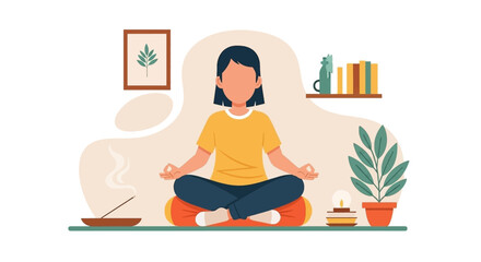 A calm individual finds inner peace through meditation at home, surrounded by soothing elements. Perfect for wellness, mental health, and mindful lifestyle promotions.