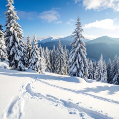 Fototapeta premium A breathtaking winter landscape showcases snow-covered evergreen trees on a hillside under a vibrant blue sky.
