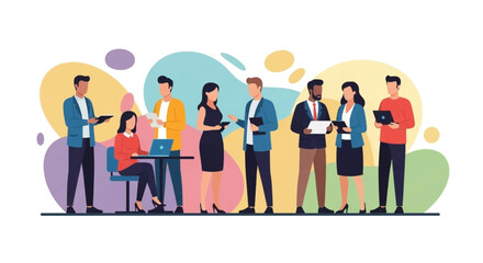 Diverse business professionals collaborating in a modern office setting, utilizing technology for discussions and planning. Ideal for themes of teamwork, communication, and corporate productivity.