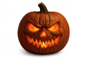 A glowing jack-o'-lantern, perfectly carved for Halloween, with an eerie smile. The pumpkin's eyes and mouth are illuminated by a flickering candle