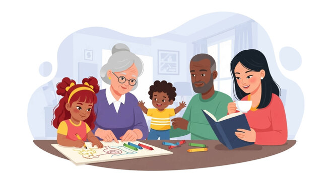Happy multi-generational family bonding at home. Grandparents, parents, and children enjoy drawing, reading, and spending quality time together, fostering learning and connection.