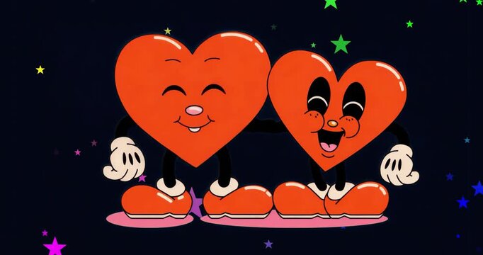 On animation start two hearts blinking and shifting arms after peace sign greeting, stars twinkling