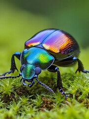 Naklejka premium Macro Photography of Iridescent Beetle in Natural Forest Habitat: A Close-Up View of Biodiverse Insect and Microhabitat Ecology